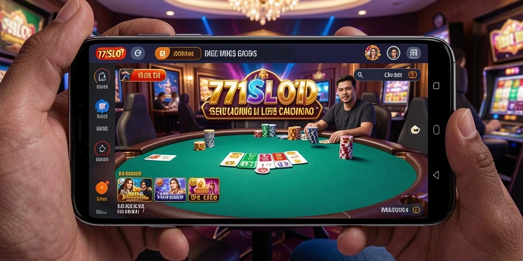 Screenshot gameplay 171SLOT yang menunjukkan dealer langsung dan suasana kasino.