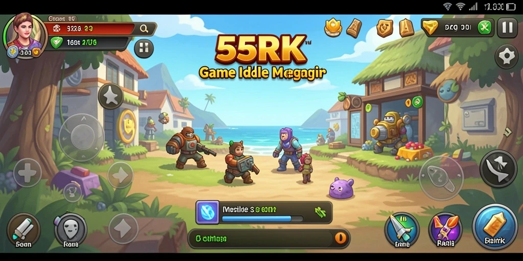 Tampilan gameplay <strong>55RK</strong> dengan karakter menarik dan koleksi sumber daya.