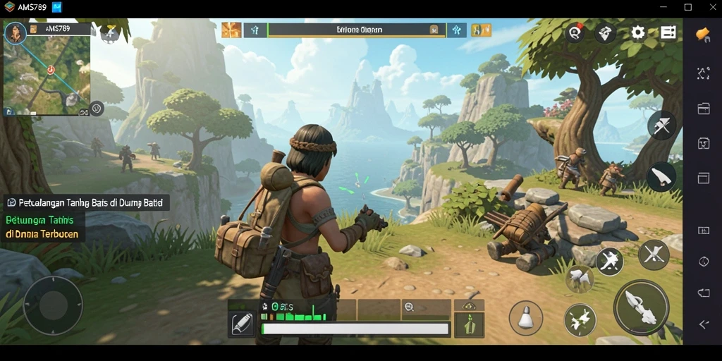 Tangkapan layar gameplay menunjukkan penjelajahan dunia luas dalam AMS789.