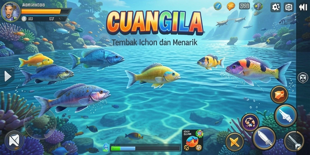 Tampilan gameplay CUANGILA yang seru dengan beragam ikan dan senjata.