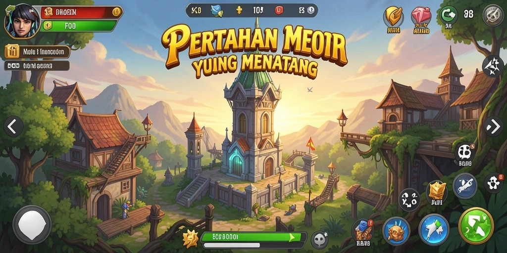 Screenshot permainan FO8 menampilkan aksi seru Tower Defense.