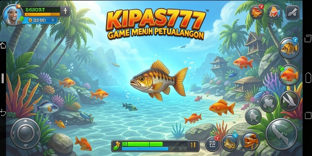 Tampilan gameplay KIPAS777 dengan berbagai ikan dan lokasi memancing yang menarik.