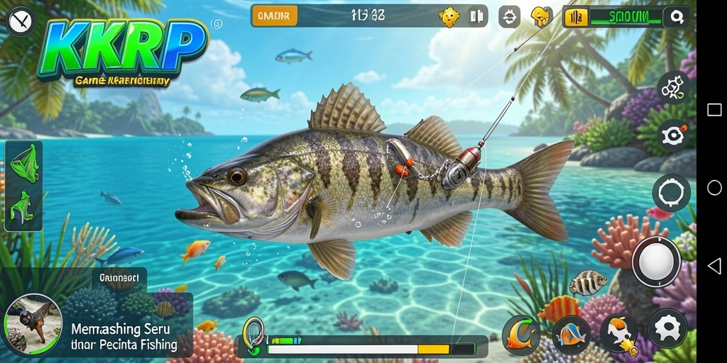 Screenshot KKRP menunjukkan pemain menangkap ikan di lokasi indah.