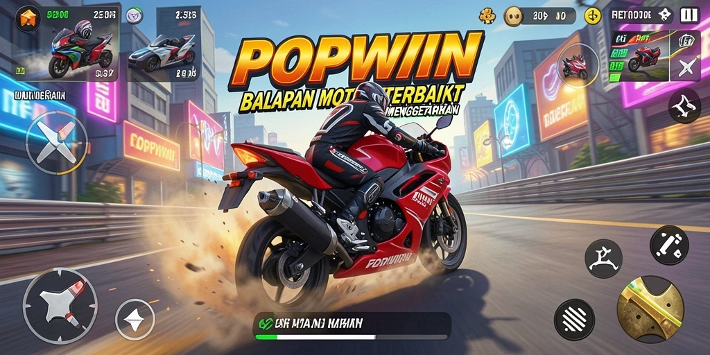 Tampilan gameplay <strong>POPWIN</strong> yang mendebarkan saat balapan motor.