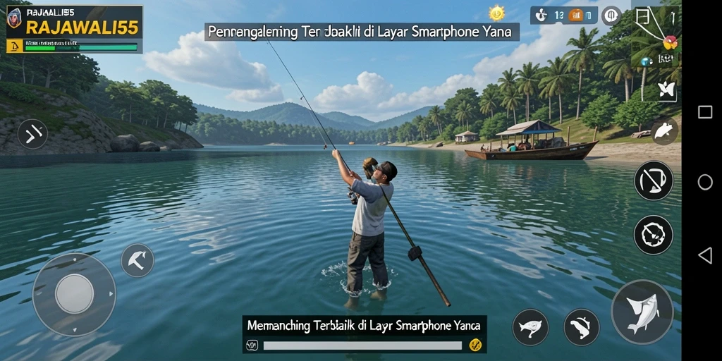 Screenshot gameplay RAJAWALI55 dengan aksi menangkap ikan yang seru.